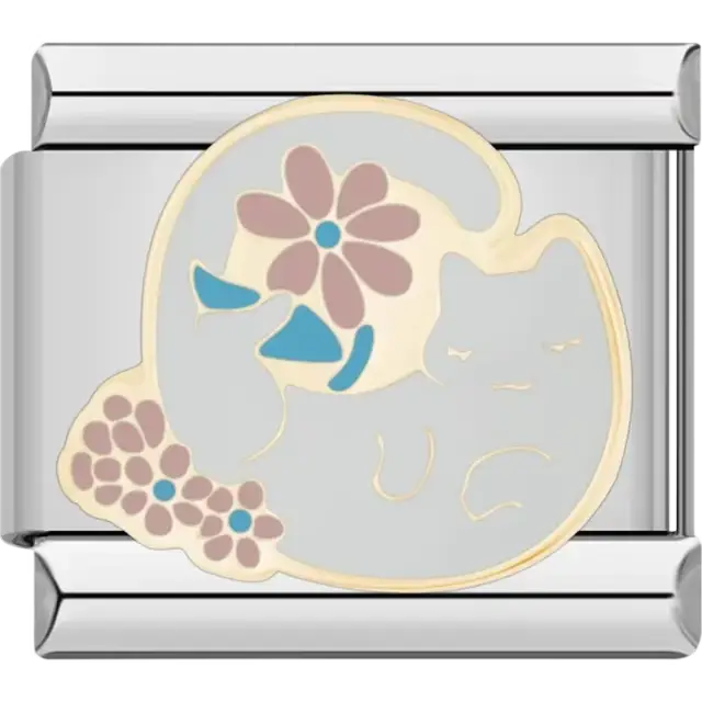 Blue and cream cat surrounded by pink and blue flowers Italian charm bracelet link