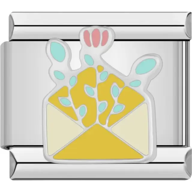 Yellow envelope with floral decorations in blue, pink, and green Italian charm bracelet link