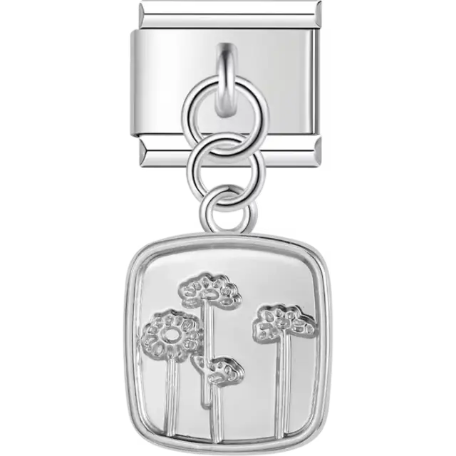 Engraved floral field design featuring blooming flowers on a dangling square Italian charm bracelet link