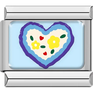 Blue heart with purple border yellow flowers and red hearts Italian charm bracelet link