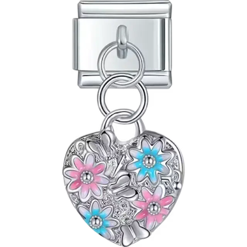 Silver heart with blue and pink flower design Italian charm bracelet link