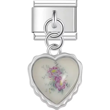Heart-shaped dangle with pink and purple flowers and a scalloped edge Italian charm bracelet link