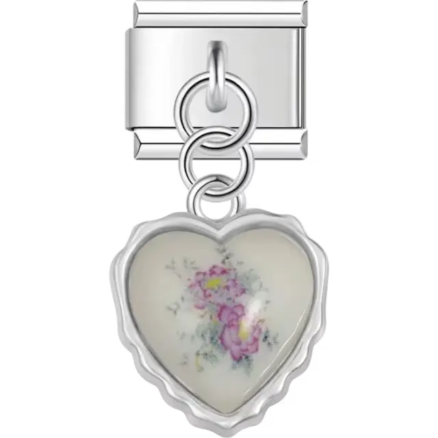 Heart-shaped dangle with pink and purple flowers and a scalloped edge Italian charm bracelet link