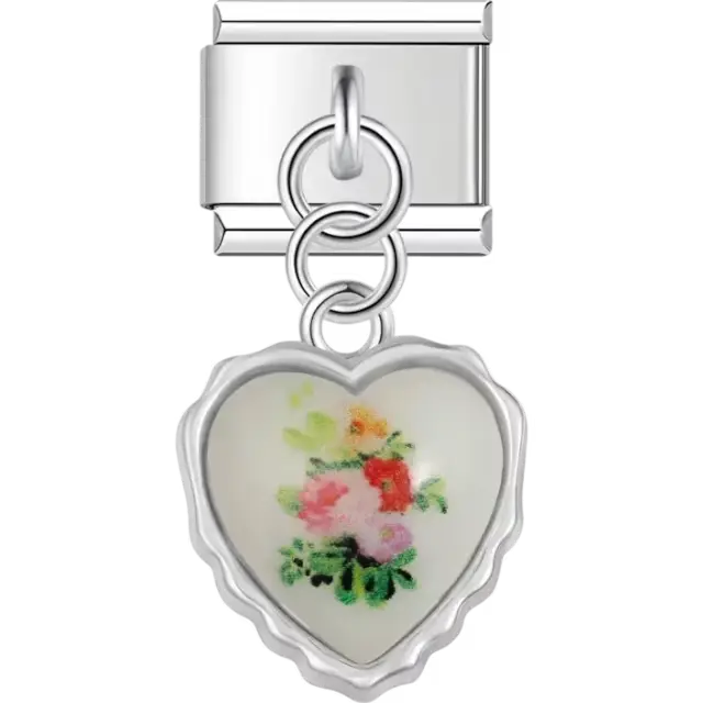 Heart-shaped dangle featuring a floral design with a scalloped edge Italian charm bracelet link