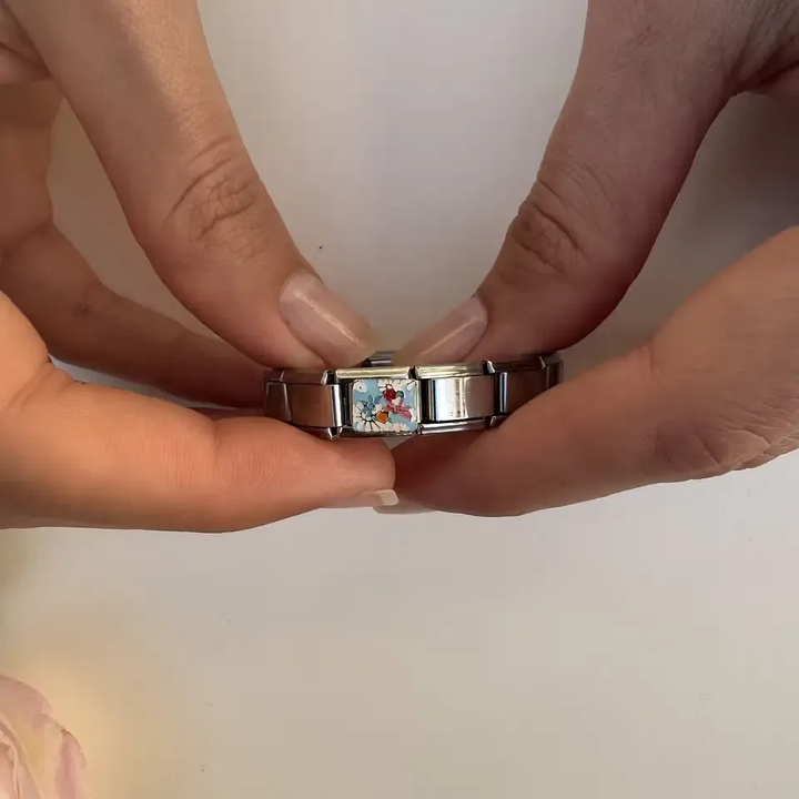 Multicolor floral mosaic with red orange and blue damselfly with flowers on light background Italian charm bracelet link