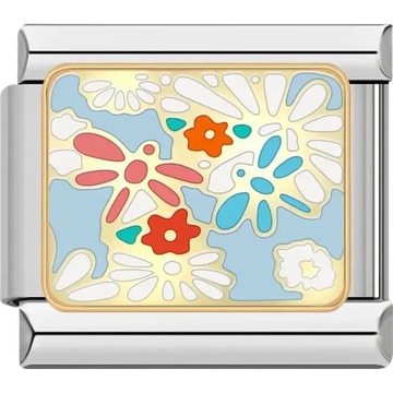 Multicolor floral mosaic with red orange and blue damselfly with flowers on light background Italian charm bracelet link