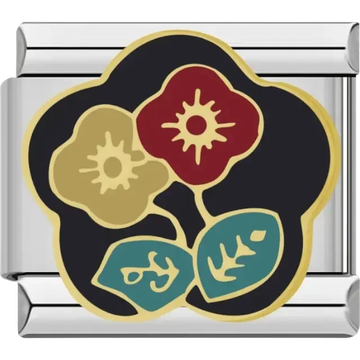 Gold-outlined red and yellow flowers with teal leaves Italian charm bracelet link