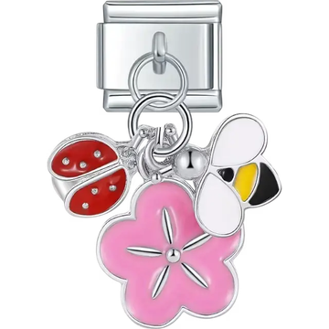 Pink flower with yellow and white bee and red ladybug dangle design Italian charm bracelet link