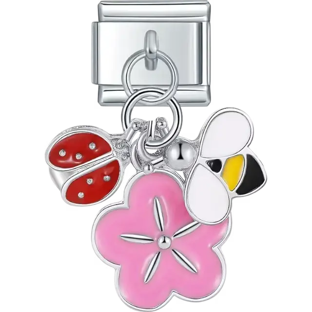 Pink flower with yellow and white bee and red ladybug dangle design Italian charm bracelet link