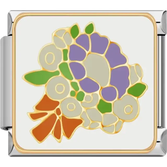 Purple and orange flower bouquet with green leaves and an orange ribbon Italian charm bracelet link