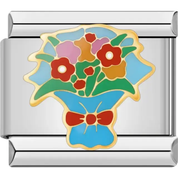 Multicolor flower bouquet with gold outlines blue wrap and red bow Italian charm bracelet link