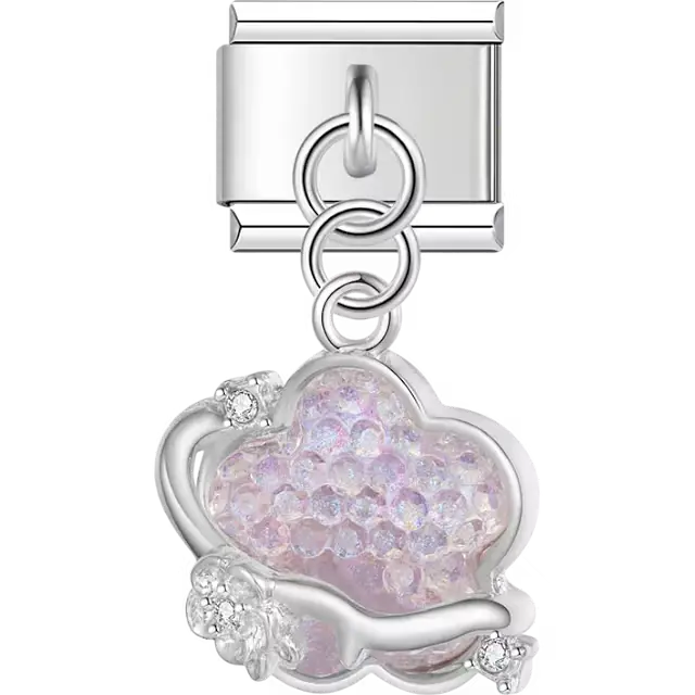 Pink flower crystal accents dangle Italian charm bracelet link