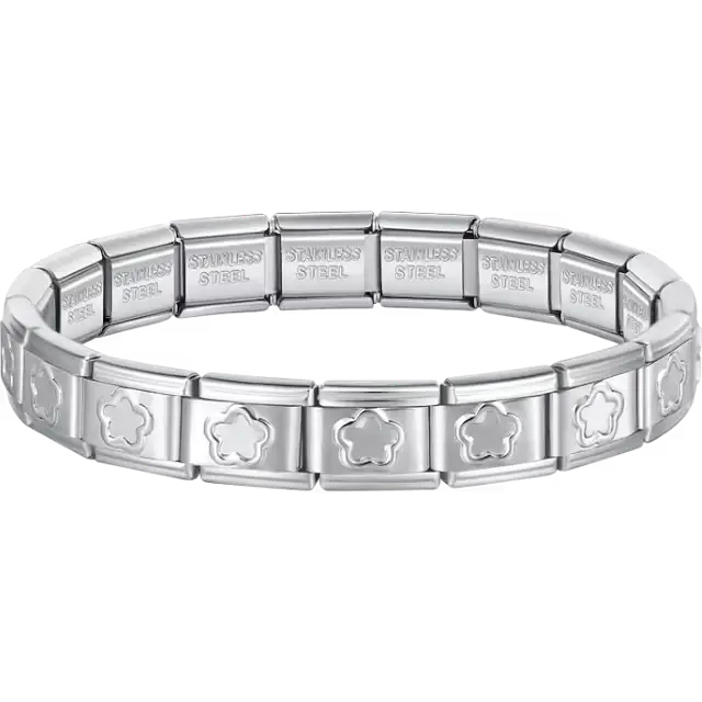 Flower cutout charms composing stainless steel Italian bracelet