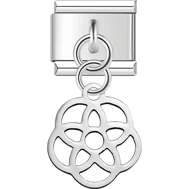 Hollow flower with petal and center cut-out pattern and dangling piece Italian charm bracelet link