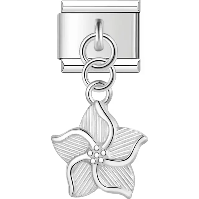 Silver five-petal flower design textured pendant dangle Italian charm bracelet link