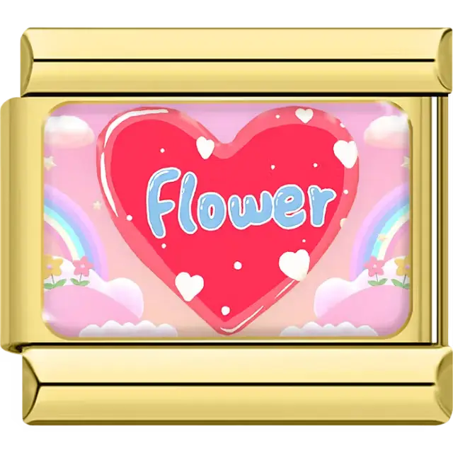 Red heart with blue "Flower" text small white hearts pink rainbow background Italian charm bracelet link