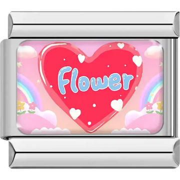 Red heart with blue "Flower" text small white hearts pink rainbow background Italian charm bracelet link