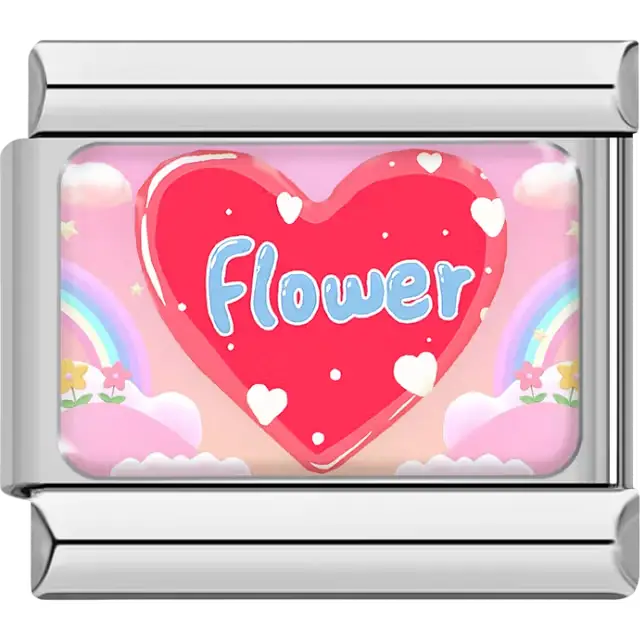 Red heart with blue "Flower" text small white hearts pink rainbow background Italian charm bracelet link