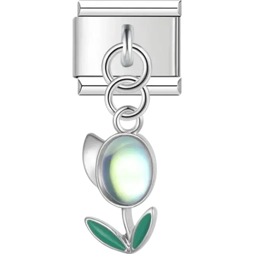 Dangling flower charm with a luminous center and green leaves Italian charm bracelet link