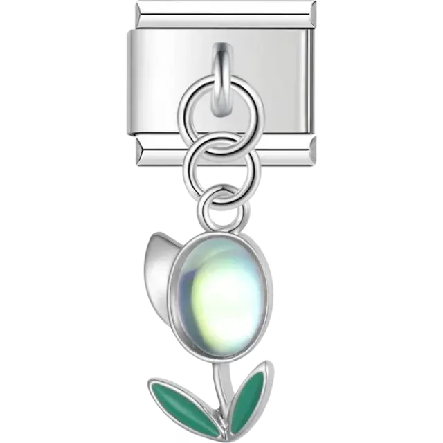 Dangling flower charm with a luminous center and green leaves Italian charm bracelet link