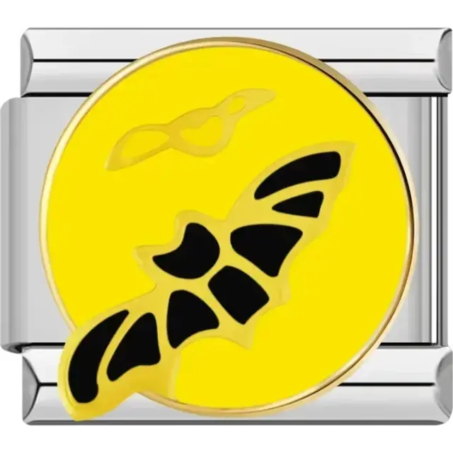 Black bat design with detailed wings against a yellow full moon Italian charm bracelet link