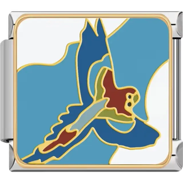 Blue red and yellow macaw in flight with white and blue background Italian charm bracelet link