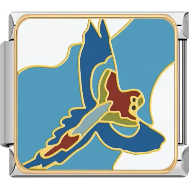 Blue red and yellow macaw in flight with white and blue background Italian charm bracelet link