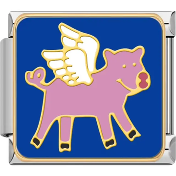 Pink pig with white wings on a bright blue background Italian charm bracelet link