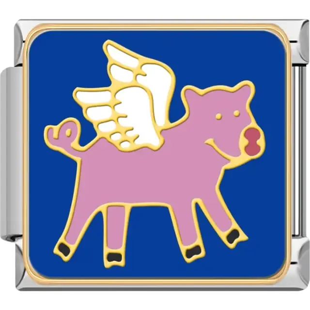 Pink pig with white wings on a bright blue background Italian charm bracelet link