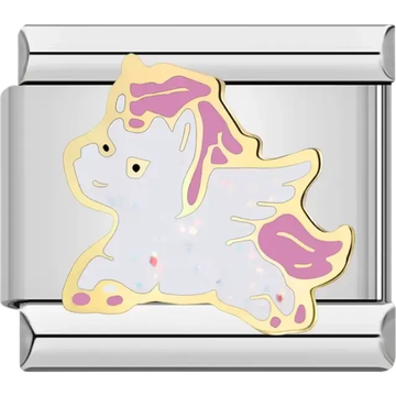 White unicorn with pink mane, wings, and hooves Italian charm bracelet link