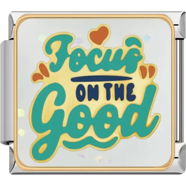 Teal and gold "Focus on the Good" text with heart accents Italian charm bracelet link