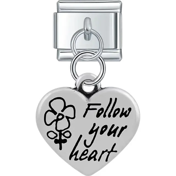 Heart with "Follow your heart" text flower symbol dangle Italian charm bracelet link