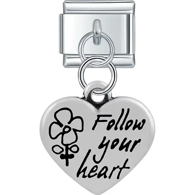 Heart with "Follow your heart" text flower symbol dangle Italian charm bracelet link