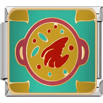 Pot with red claw-shaped food and colorful accents on teal background Italian charm bracelet link