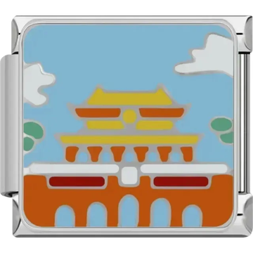 Forbidden city temple in China with golden roofs and an arched base surrounded by clouds and greenery Italian charm bracelet link
