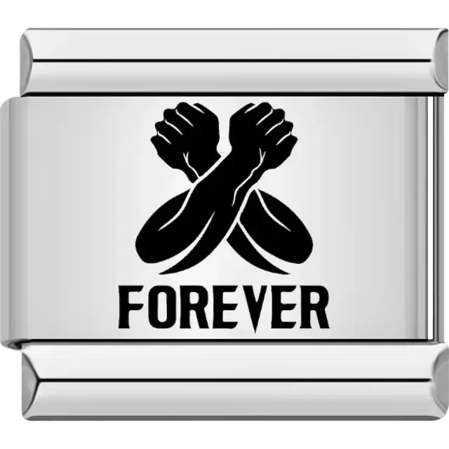 Black crossed arms with bold word "Forever" below Italian charm bracelet link