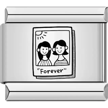 Two smiling friends in a Polaroid-style photo with Forever text Italian charm bracelet link