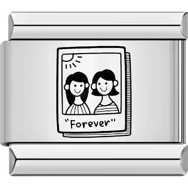 Two smiling friends in a Polaroid-style photo with Forever text Italian charm bracelet link