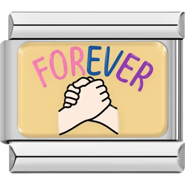 Multicolored "Forever" text with clasped hands on a yellow background Italian charm bracelet link