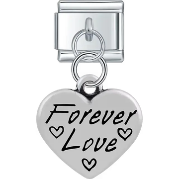 Heart with "Forever Love" text small heart symbols dangle Italian charm bracelet link