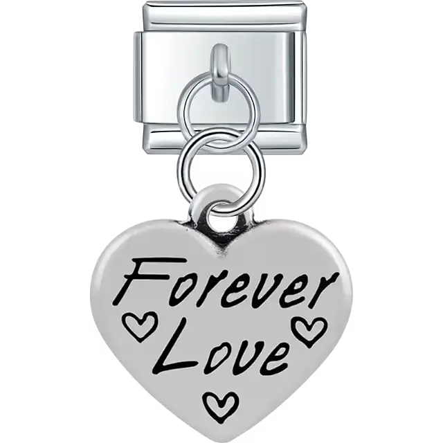 Heart with "Forever Love" text small heart symbols dangle Italian charm bracelet link