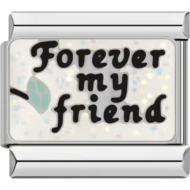 "Forever my friend" text with green leaf on glittery background Italian charm bracelet link