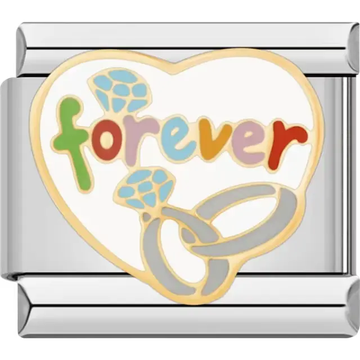 Colorful forever text with intertwined gold and silver wedding rings and blue gemstones on heart-shaped white background Italian charm bracelet link