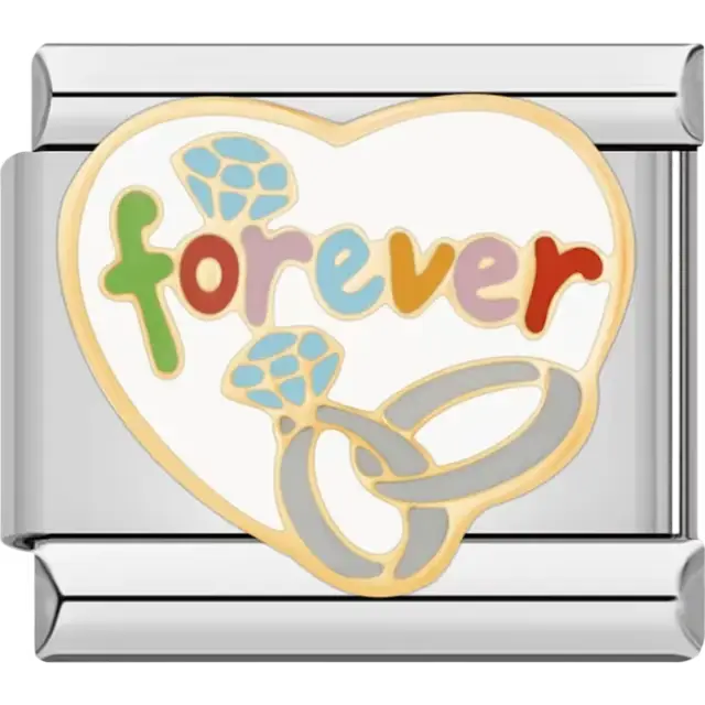 Colorful forever text with intertwined gold and silver wedding rings and blue gemstones on heart-shaped white background Italian charm bracelet link