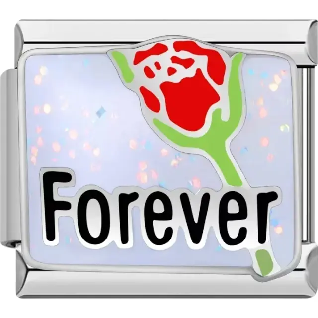Red rose with green stem and bold "Forever" text on a glittery white background Italian charm bracelet link