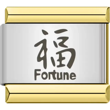 Kanji symbol for "Fortune" in black with small English text Italian charm bracelet link