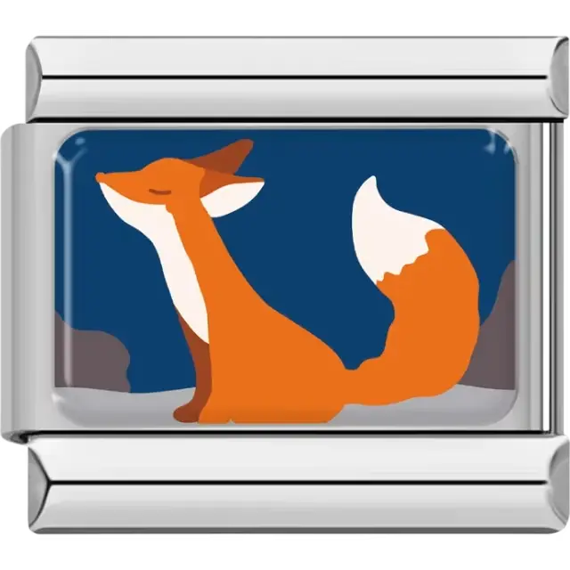 Orange fox sitting with a white-tipped tail on a dark blue background Italian charm bracelet link