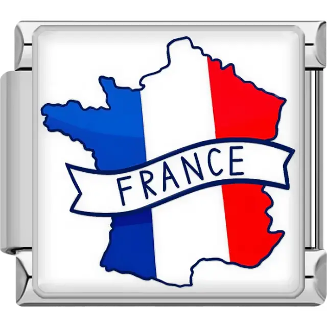 Blue white red map of France with white banner France text France map flag Italian charm bracelet link