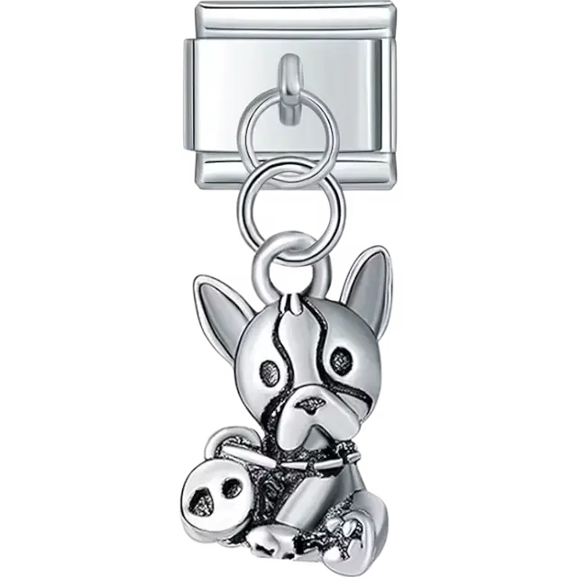 Silver French bulldog design with skull dangle accents Italian charm bracelet link