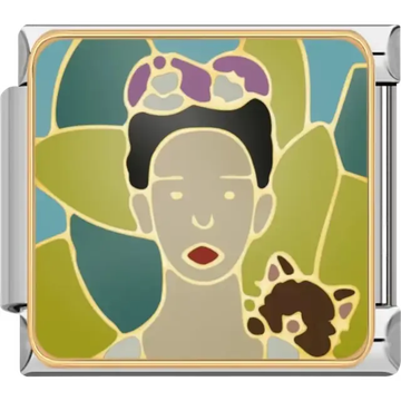 Frida Kahlo portrait design with floral accents and a cat Italian charm bracelet link